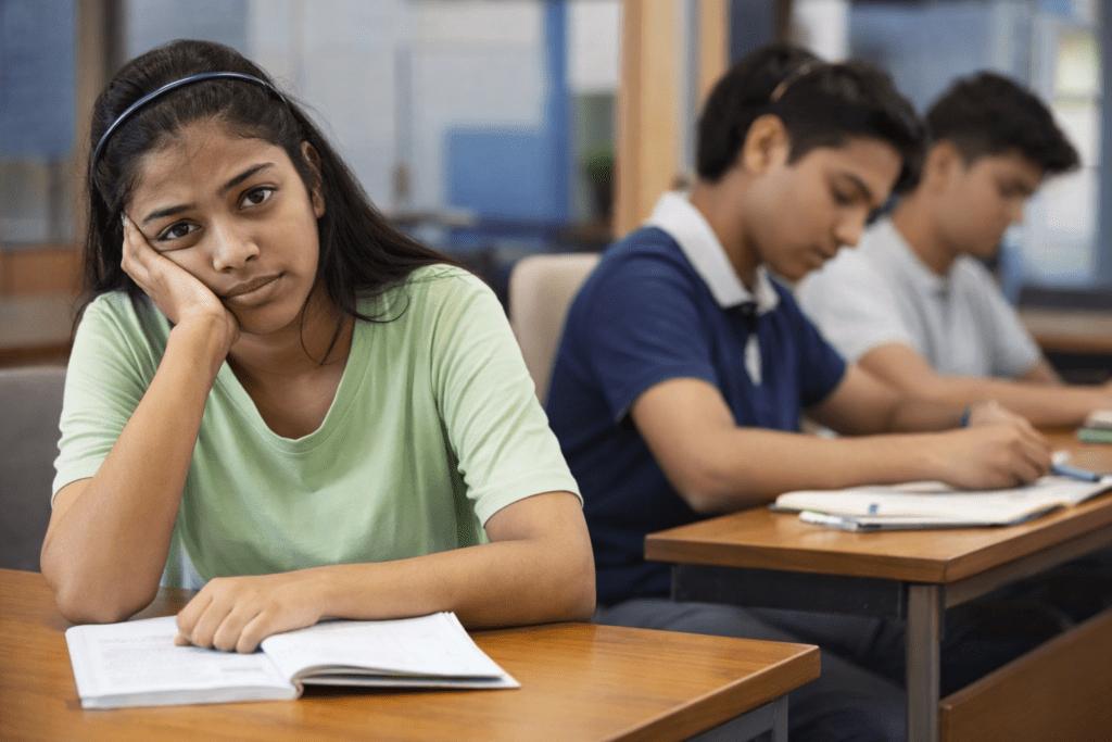 Indian student facing study stress and academic problems while preparing for class 11 commerce exams