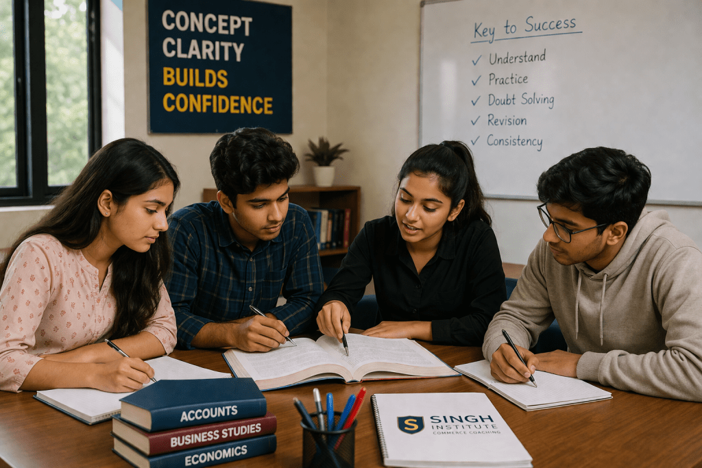 Commerce students in classroom learning with concept clarity and group discussion at coaching institute in Indore